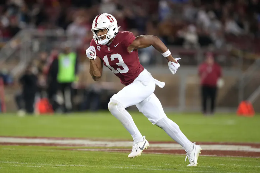 Stanford Cardinal wide receiver Elic Ayomanor as we look at our best Stanford vs. Notre Dame prediction for Week 7 college football action