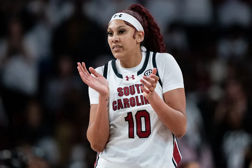 Kamilla Cardoso #10 of the South Carolina Gamecocks reacts as we look at the latest 2024 Women's March Madness odds.