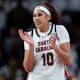 Kamilla Cardoso #10 of the South Carolina Gamecocks reacts as we look at the latest 2024 Women's March Madness odds.