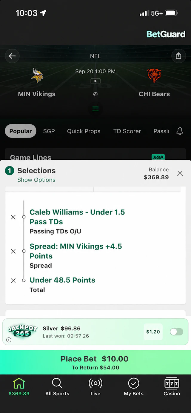 bet365 sportsbook betslip showing a $10 SGP on Vikings @ Bears.
