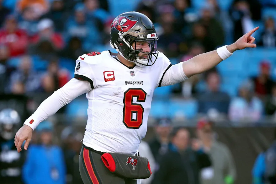Baker Mayfield #6 of the Tampa Bay Buccaneers reacts during the fourth quarter as we round up our NFL predictions for Wild Card Weekend