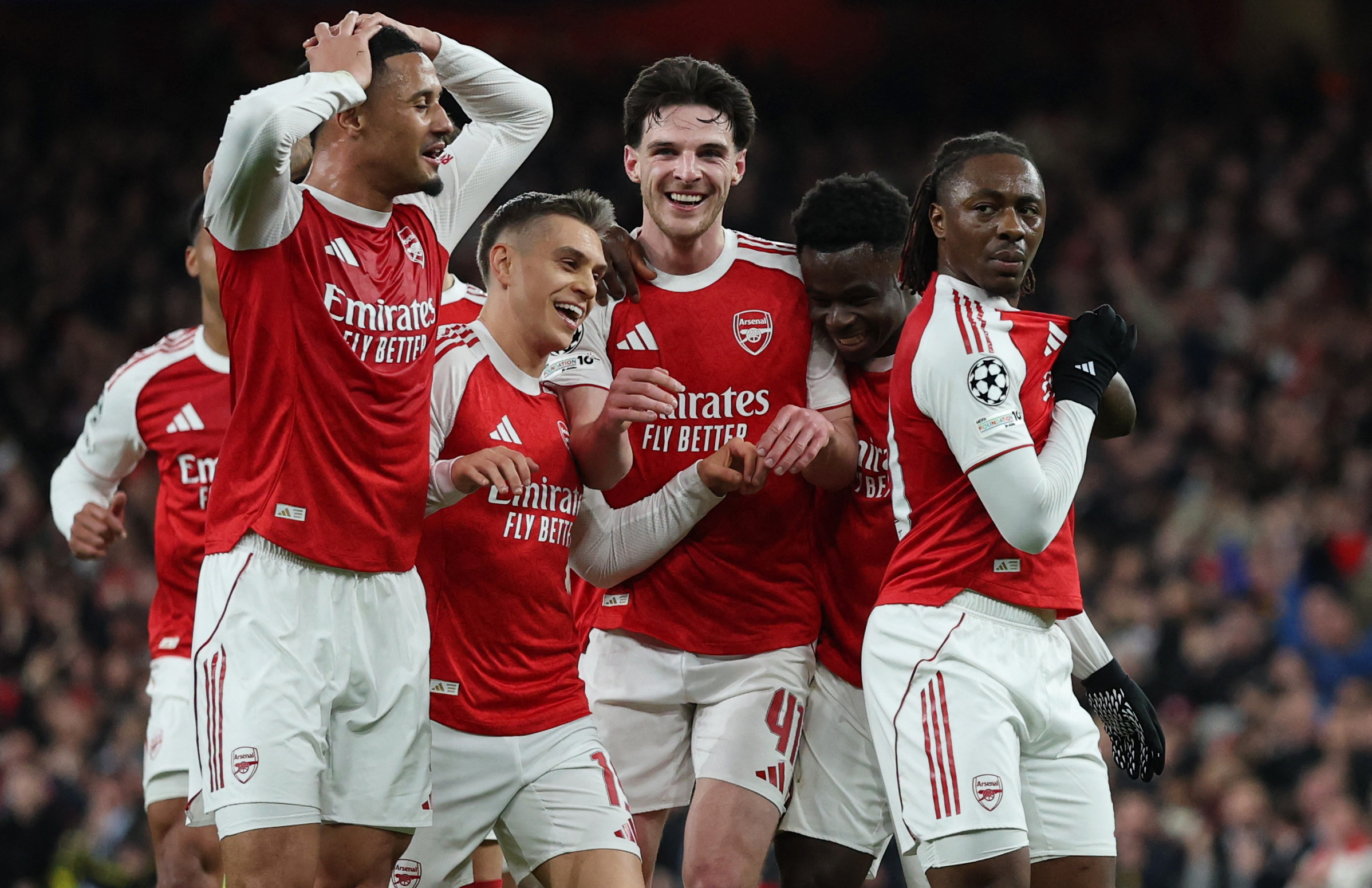 Arsenal's Eberechi Eze celebrates with William Saliba, Bukayo Saka, Leandro Trossard, and Declan Rice as we look at the 2026-27 EPL title odds.