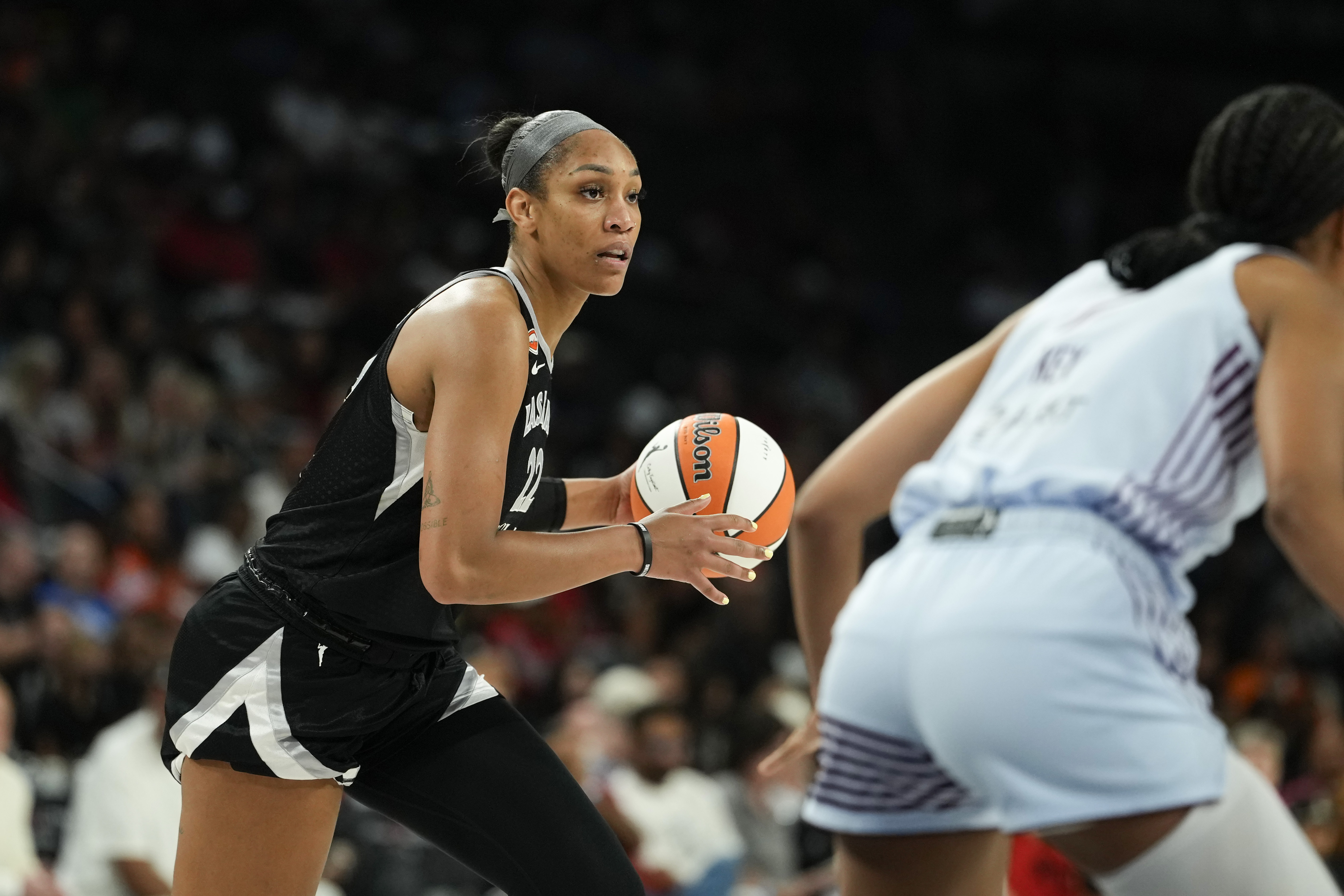 Las Vegas star A'ja Wilson in action as we break down our Aces vs. Storm Prediction. Photo by Lucas Peltier-Imagn Images.