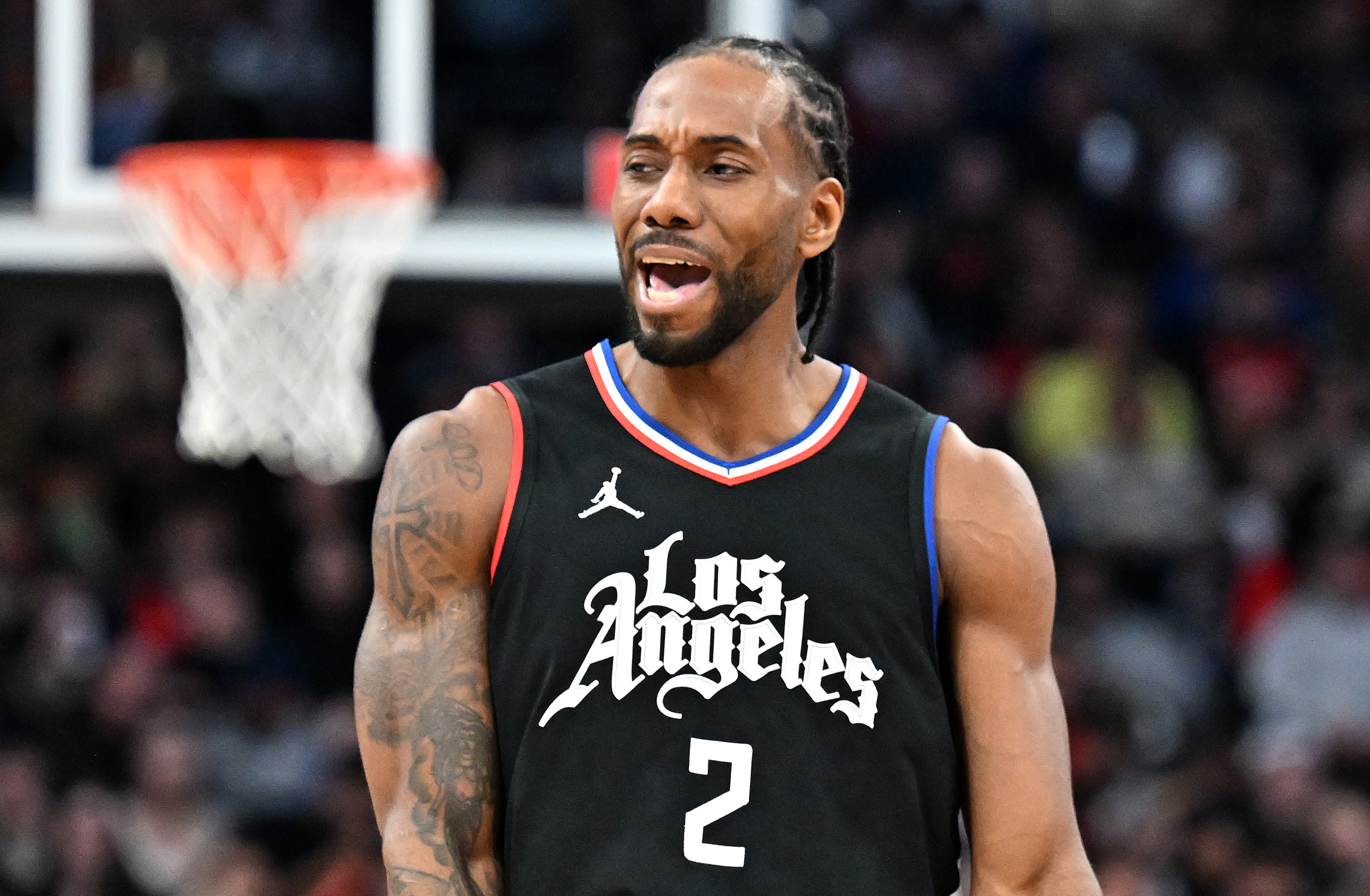 LA Clippers forward Kawhi Leonard (2), seen here reacting to an official's call, is featured in our NBA player props tonight.