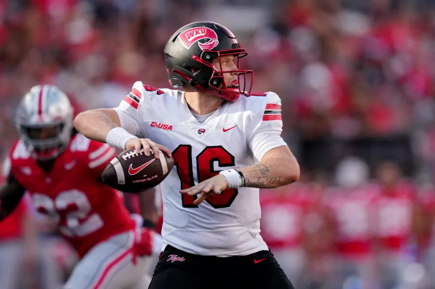 Austin Reed of the Western Kentucky Hilltoppers throws a pass as we share our favorite Western Kentucky vs. Louisiana Tech prediction.