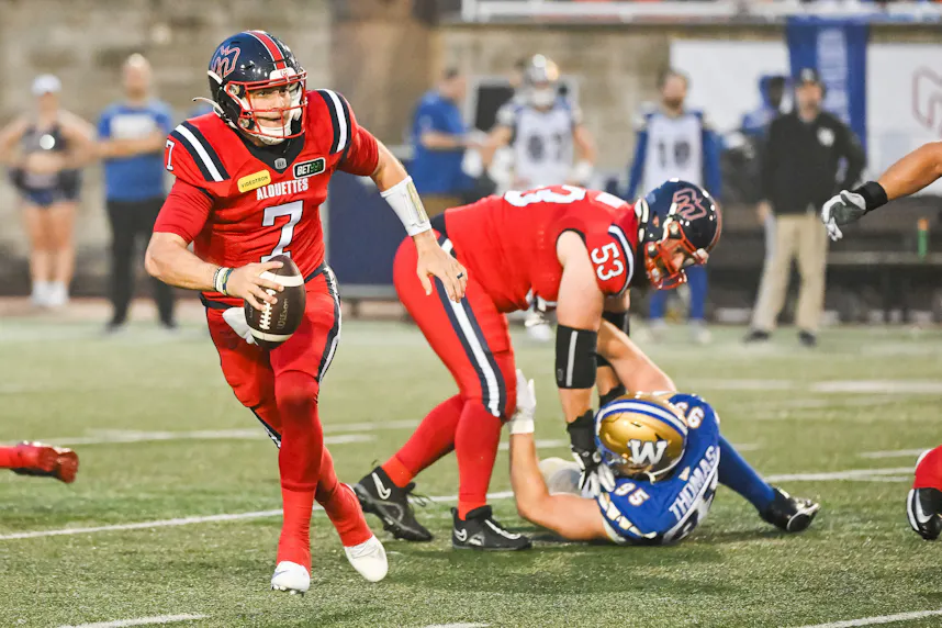 Montreal Alouettes quarterback Cody Fajardo runs the ball against the Winnipeg Blue Bombers during the first quarter at Percival Molson Memorial Stadium. We're backing Montreal in our Alouettes vs. Elks Prediction.