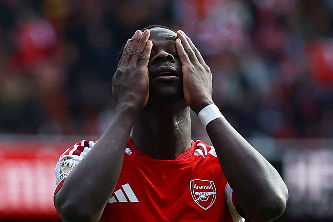 Arsenal's Bukayo Saka reacts after missing a chance to score as we make our best Arsenal vs. Lille predictions.