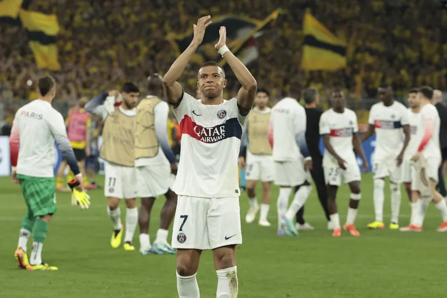 Kylian Mbappe of PSG salutes the supporters following the UEFA Champions League semifinals as we look at our PSG vs. Dortmund prediction.