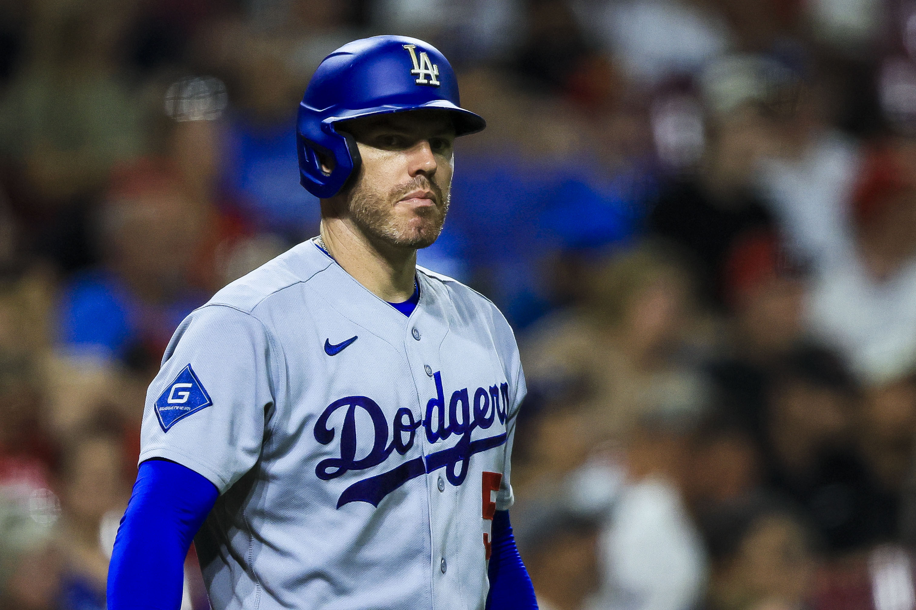 Dodgers first baseman Freddie Freeman (5) looks on as we break down our Braves vs. Dodgers prediction.
