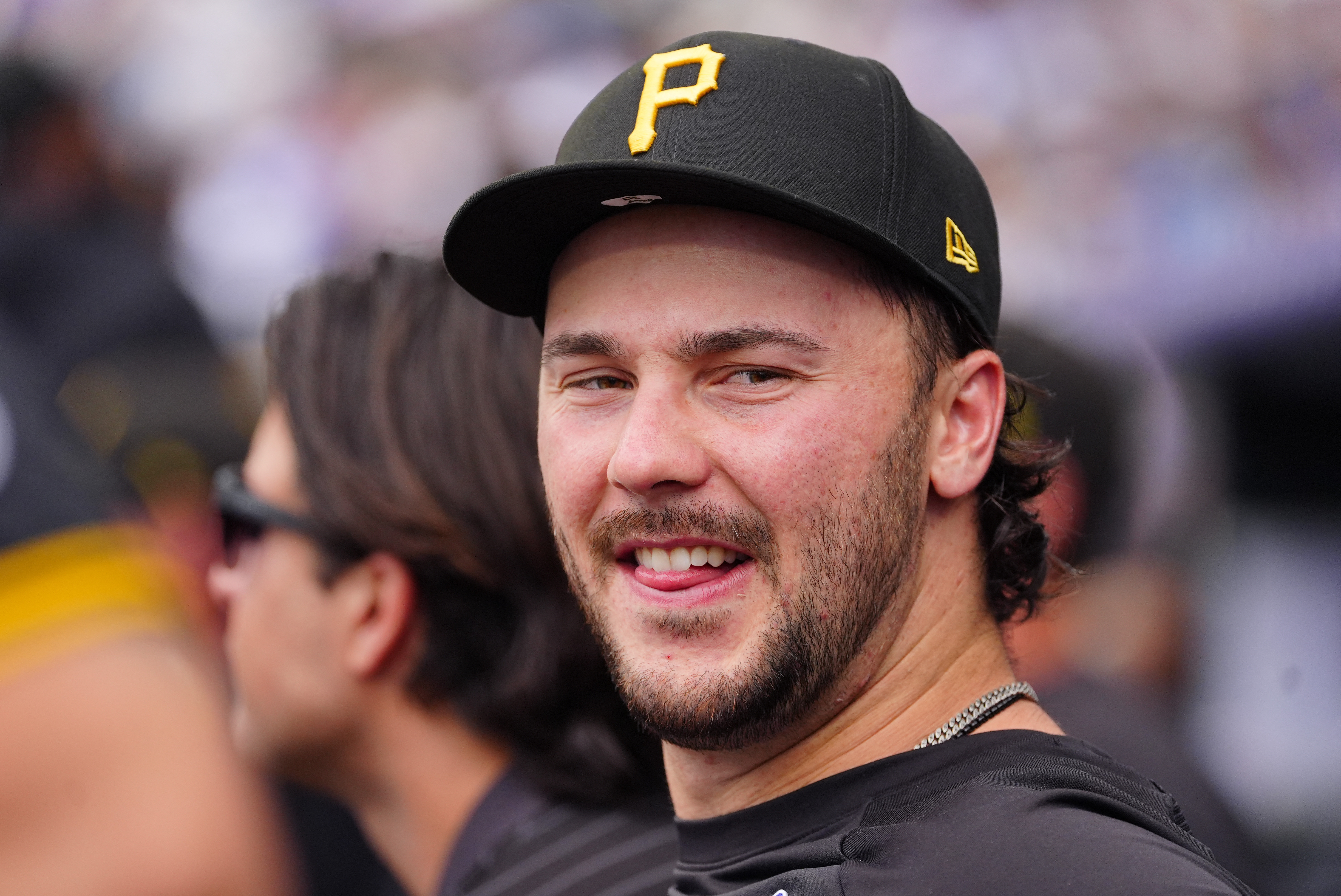 Pittsburgh Pirates pitcher Paul Skenes - who's featured in our best NRFI bets today - on the bench.