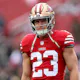Christian McCaffrey of the San Francisco 49ers looks on prior to the NFC Wild Card playoff game against the Seattle Seahawks at Levi's Stadium as we look at our 49ers betting preview.