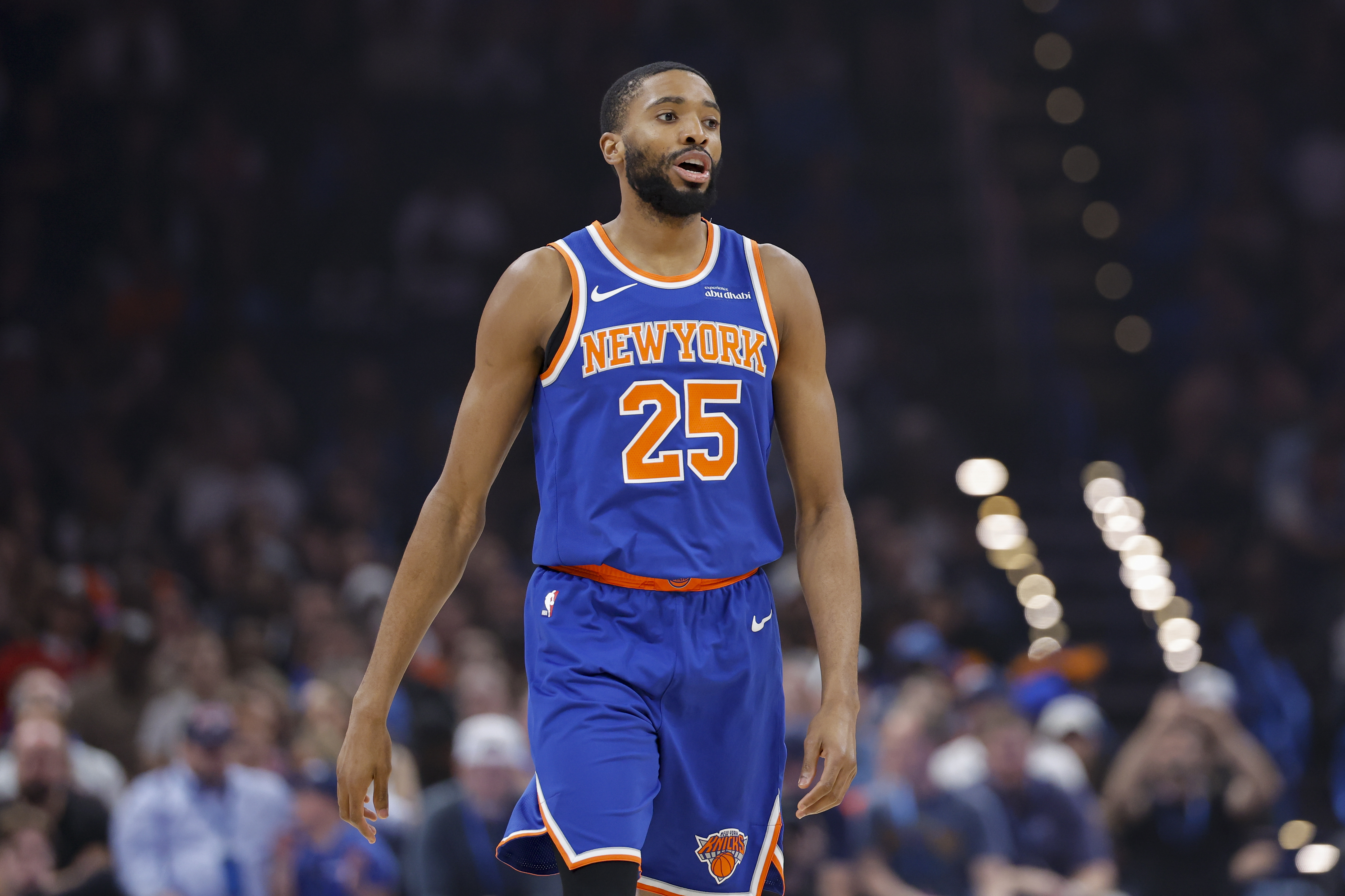 New York Knicks guard Mikal Bridges (25), seen here walking down the court during a game, is featured in our Knicks vs. Hawks player props for Game 6 today.