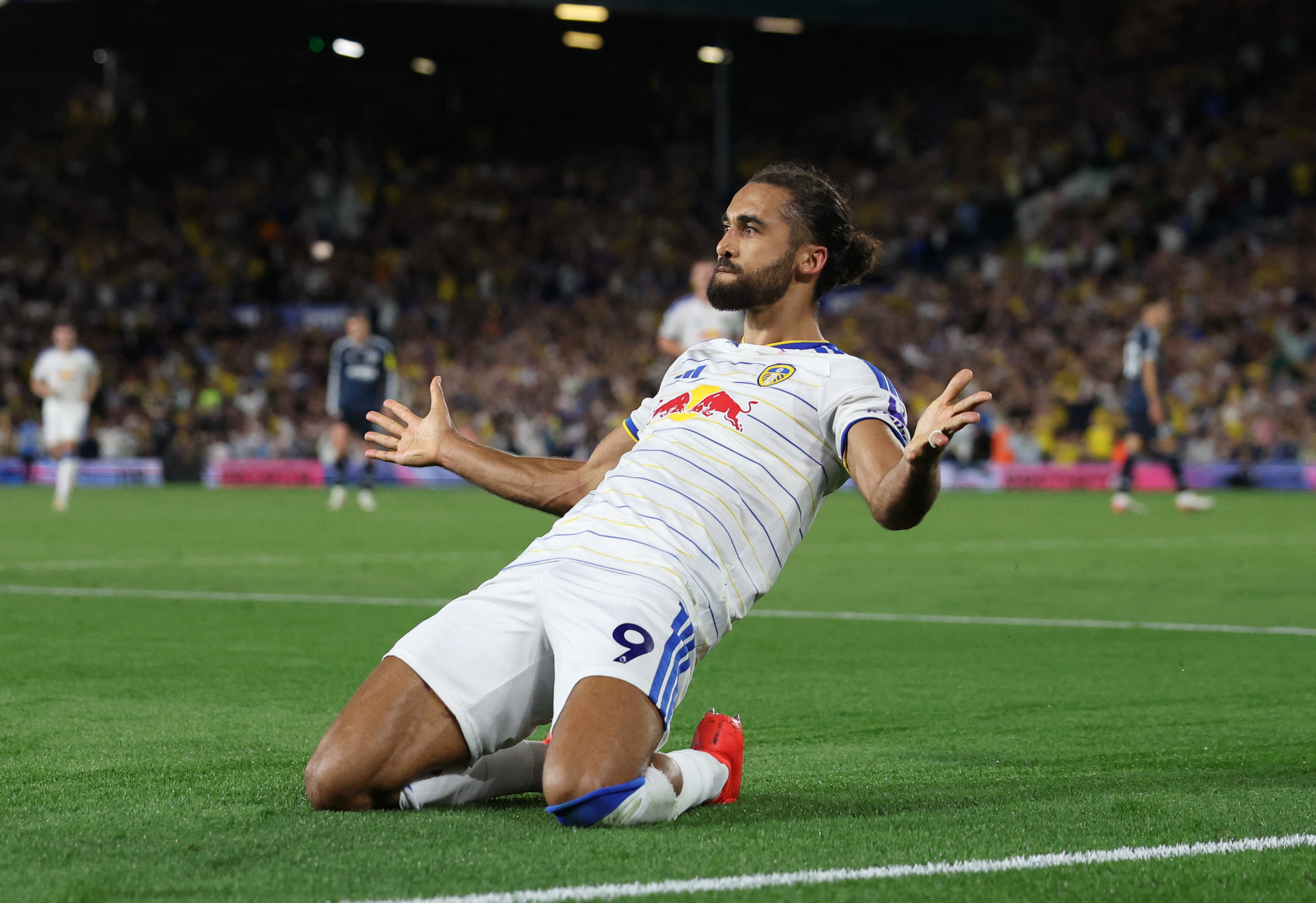 Pictured: Dominic Calvert-Lewin celebrating as we break down our Leeds vs. Manchester United Prediction. Photo by REUTERS/Scott Heppell.