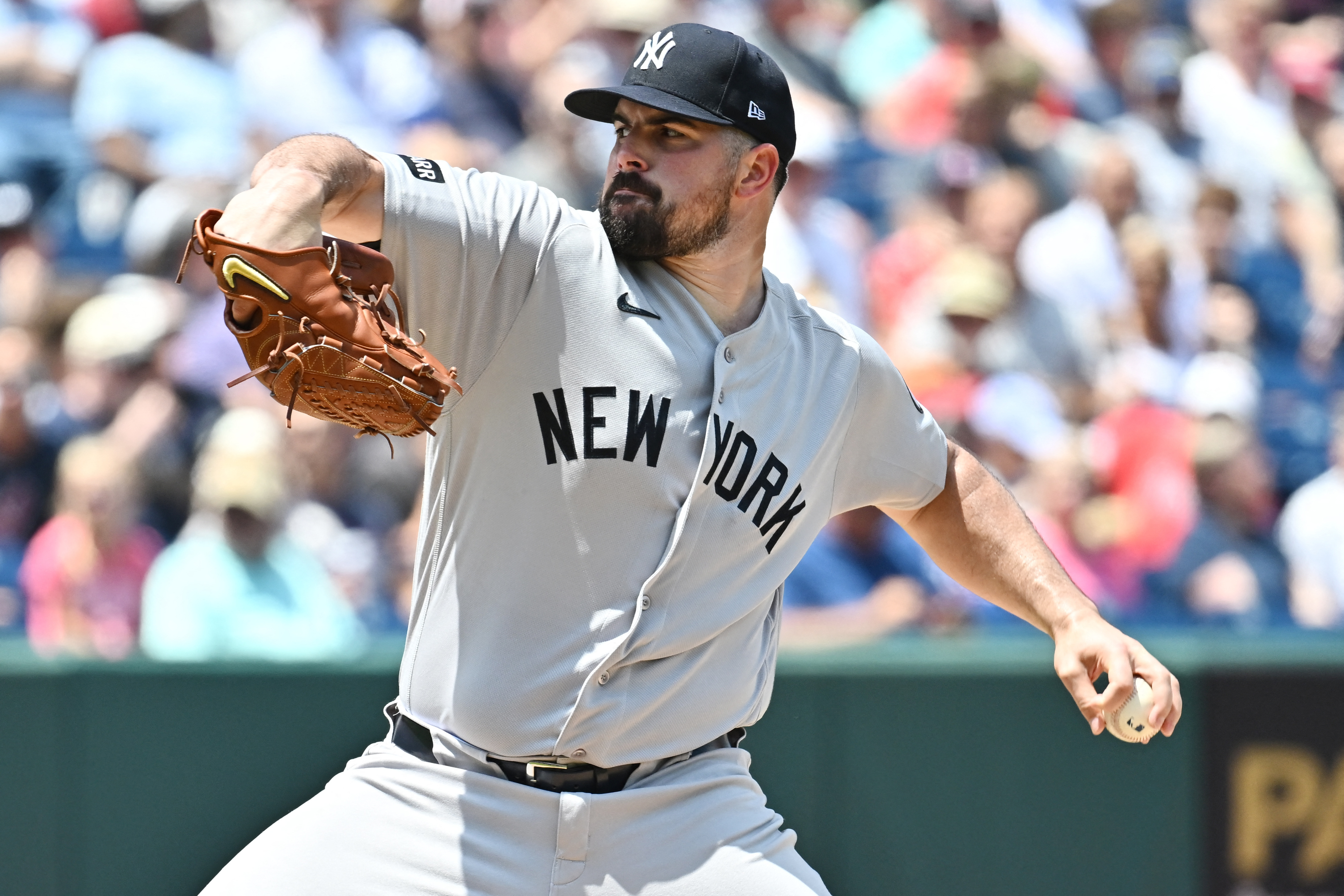 New York Yankees pitcher Carlos Rodon (55) throws a pitch as we break down the best strikeout props today.