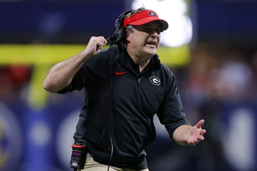 Head coach Kirby Smart of the Georgia Bulldogs reacts to a play as we look at the latest CFP betting odds for the 2024-25 season.