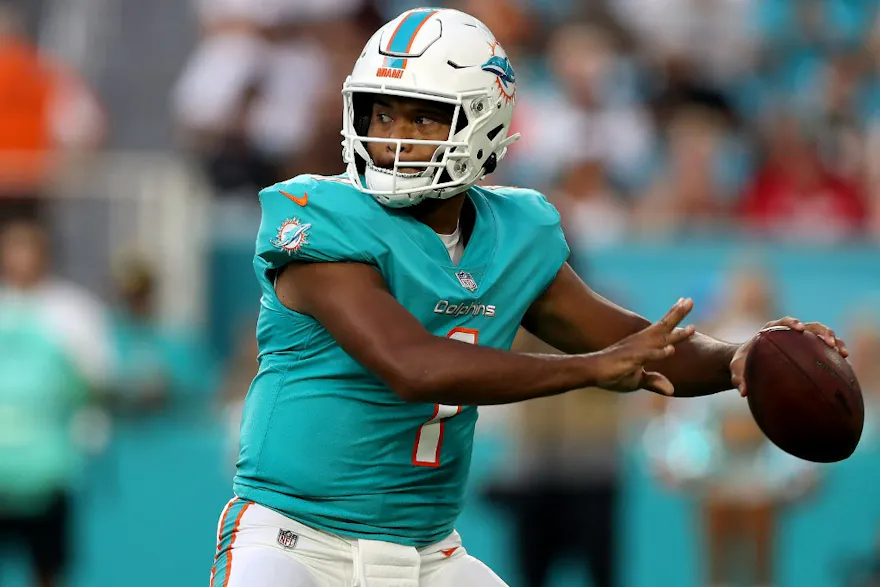 Tua Tagovailoa #1 of the Miami Dolphins throws a pass during the first quarter against the Las Vegas Raiders at Hard Rock Stadium on August 20, 2022.