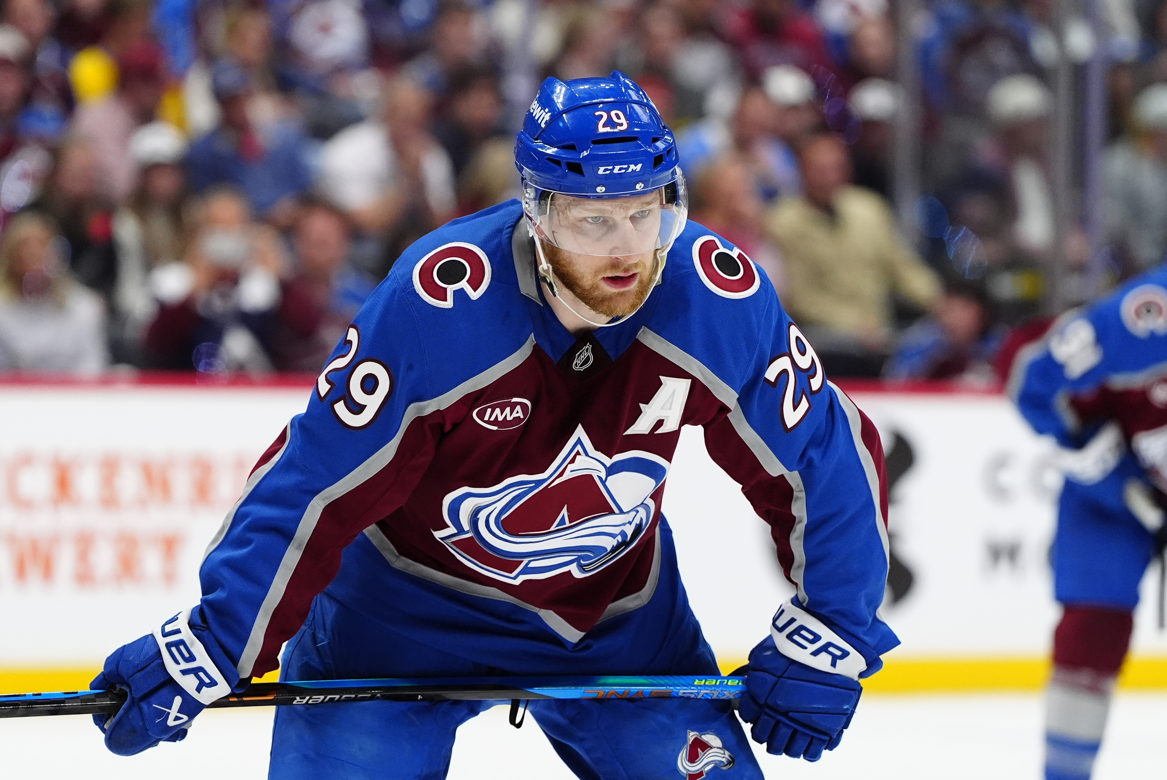 Colorado Avalanche center Nathan MacKinnon (29) looks on during the second period as we make our best Stars vs. Avalanche prediction.