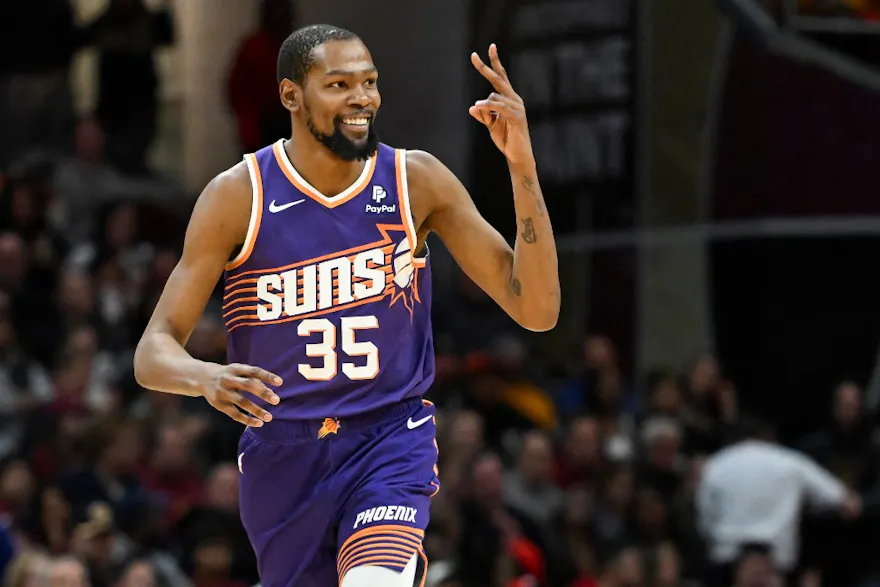 Kevin Durant of the Phoenix Suns celebrates making a 3-point basket during the second half against the Cleveland Cavaliers at Rocket Mortgage Fieldhouse as we look at our Timberwolves-Suns NBA player props.