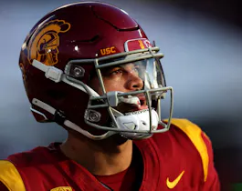 Caleb Williams #13 of the USC Trojans looks on as we look ahead to the 2024 NFL Offensive Rookie of the Year odds ahead of the 2024 NFL Draft in late April.