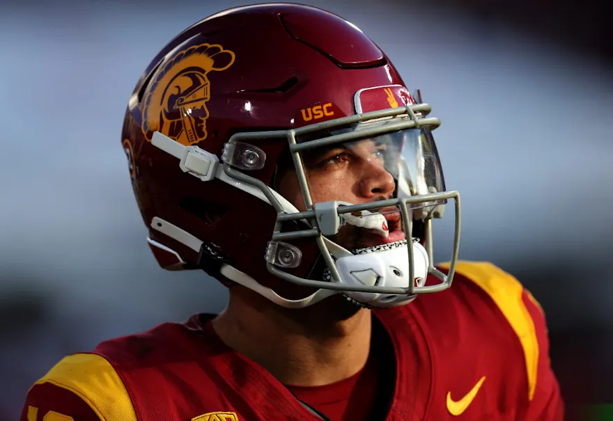 Caleb Williams #13 of the USC Trojans looks on as we look ahead to the 2024 NFL Offensive Rookie of the Year odds ahead of the 2024 NFL Draft in late April.