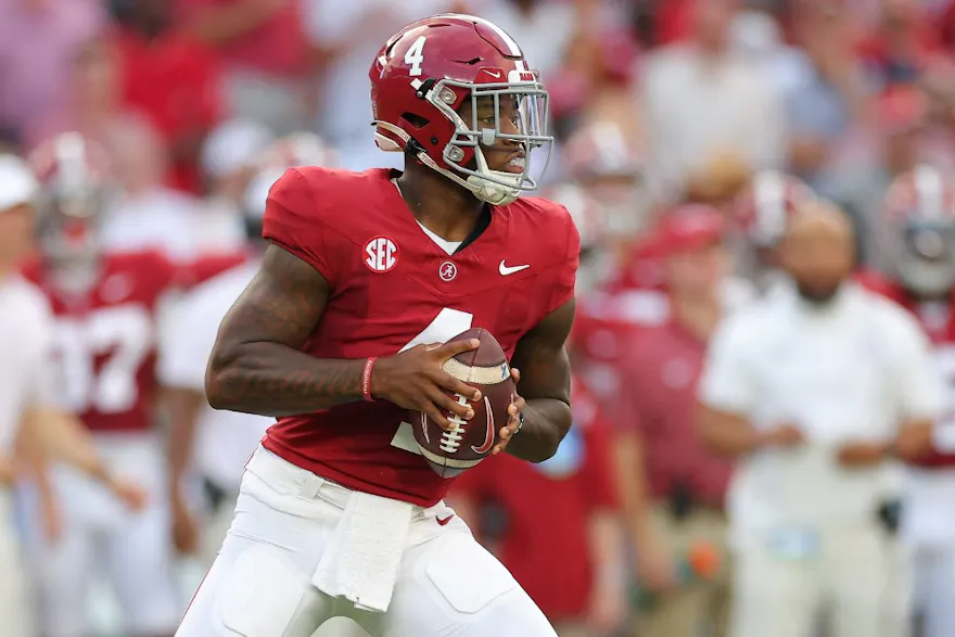 Jalen Milroe of the Alabama Crimson Tide looks to throw the ball during the first quarter against the Texas Longhorns, and we offer new U.S. bettors our exclusive BetRivers bonus code for Georgia vs. Alabama.