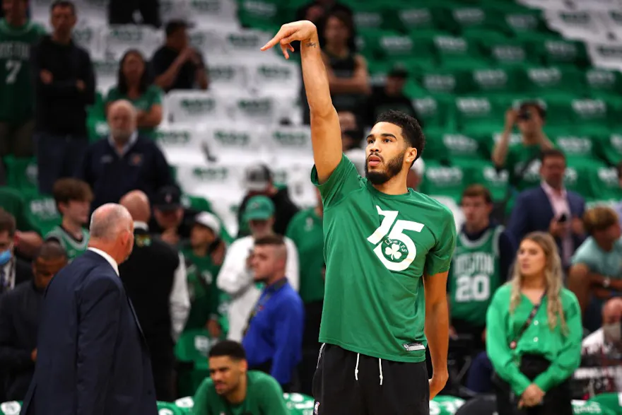 Jayson Tatum of the Boston Celtics warms up prior to Game 6 of the 2022 NBA Finals against the Golden State Warriors, and we offer new U.S. bettors our exclusive bet365 bonus code for Celtics vs. Knicks.