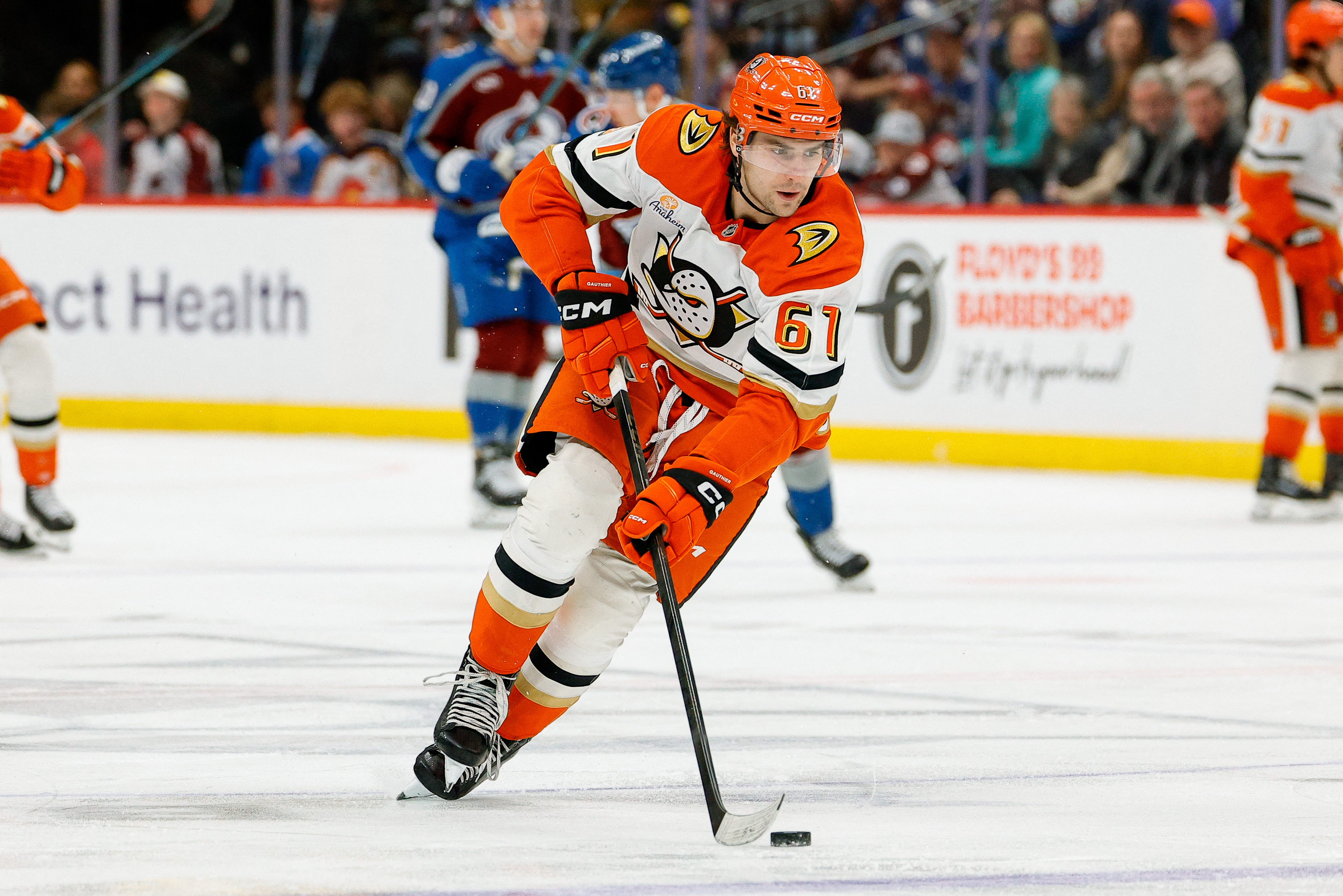 Cutter Gauthier controls the puck in the third period as we provide our Kraken vs. Ducks prediction, picks and best bets today. 