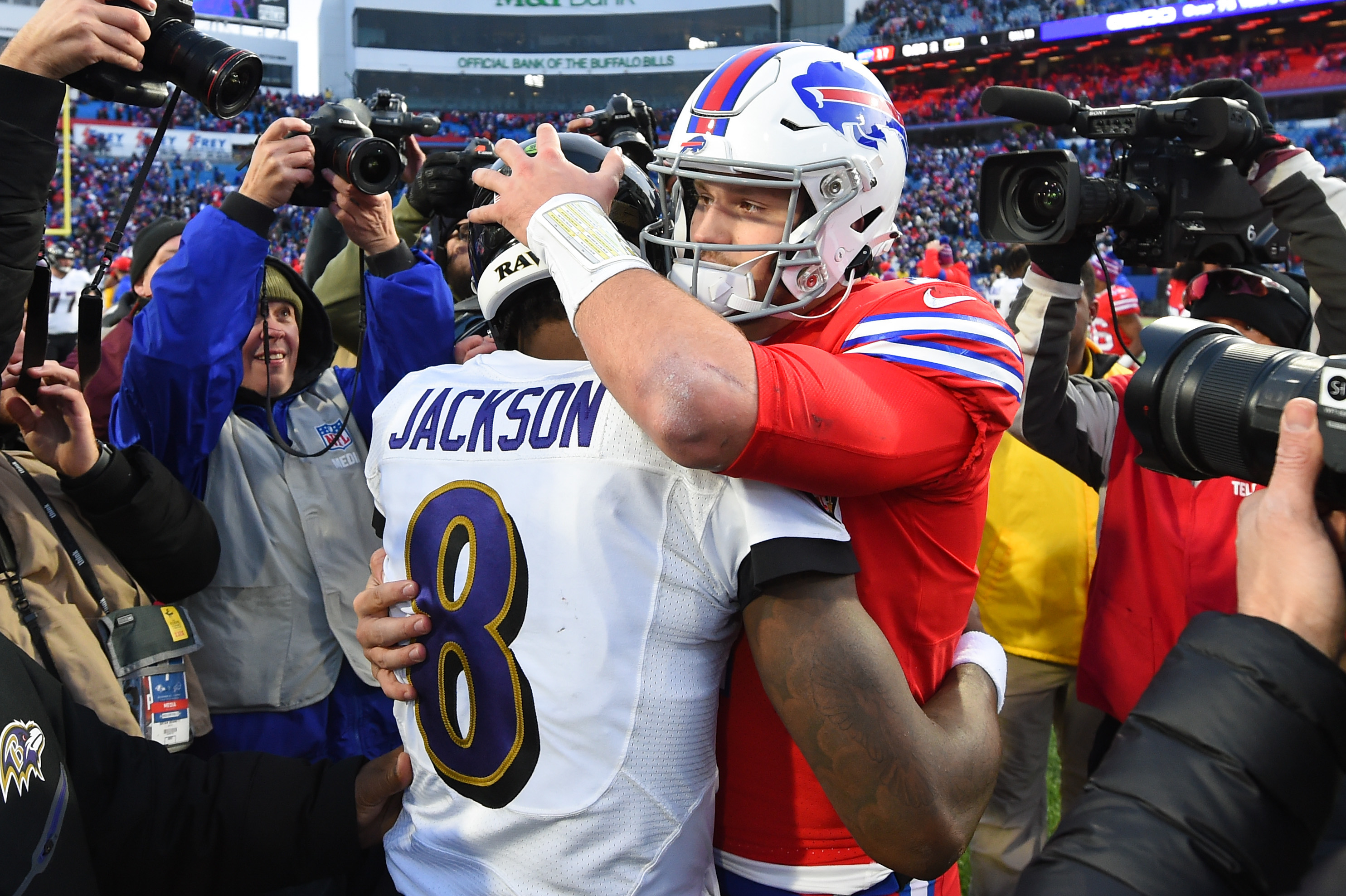 Baltimore Ravens quarterback Lamar Jackson (8) and Buffalo Bills quarterback Josh Allen (17) embrace as we break down their 2027 NFL MVP odds.