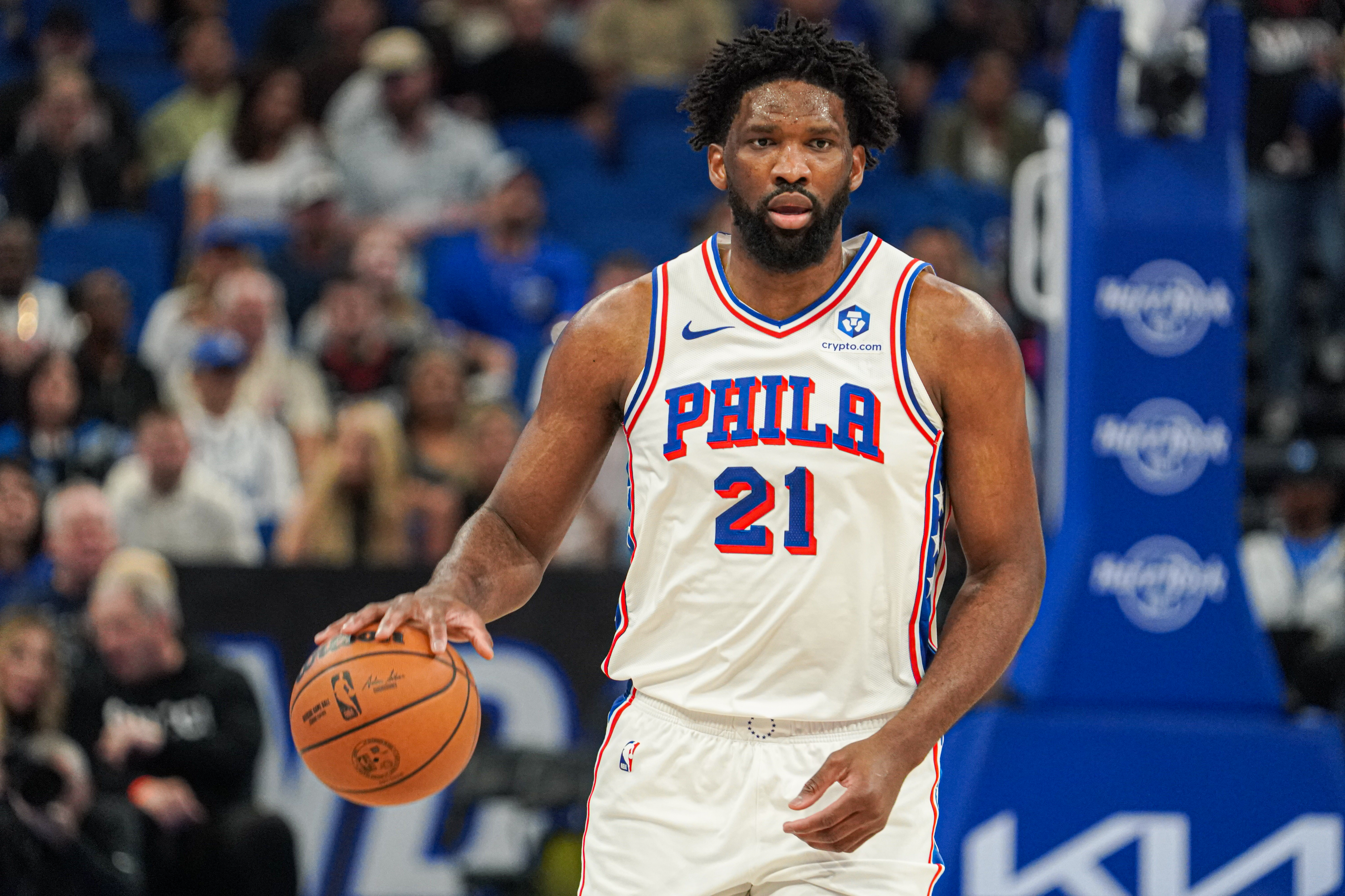 Philadelphia 76ers center Joel Embiid (21) dribbles up the court as we provide our NBA player props tonight.