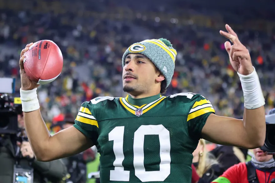 Jordan Love of the Green Bay Packers celebrates defeating the Kansas City Chiefs, and we offer new U.S bettors our exclusive bet365 bonus code.