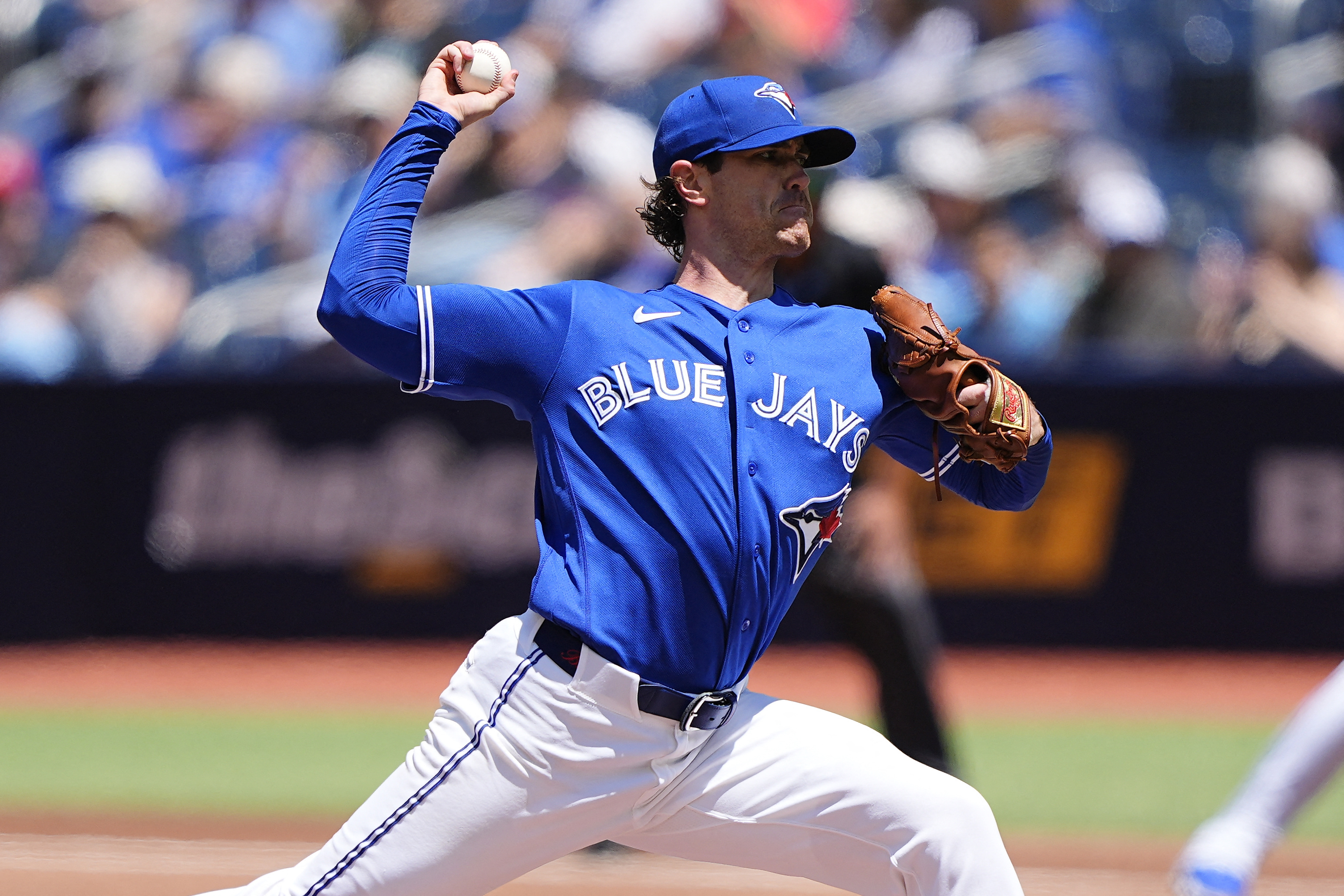 Toronto Blue Jays starting pitcher Shane Bieber - who's featured in my best strikeout props today - pitches.