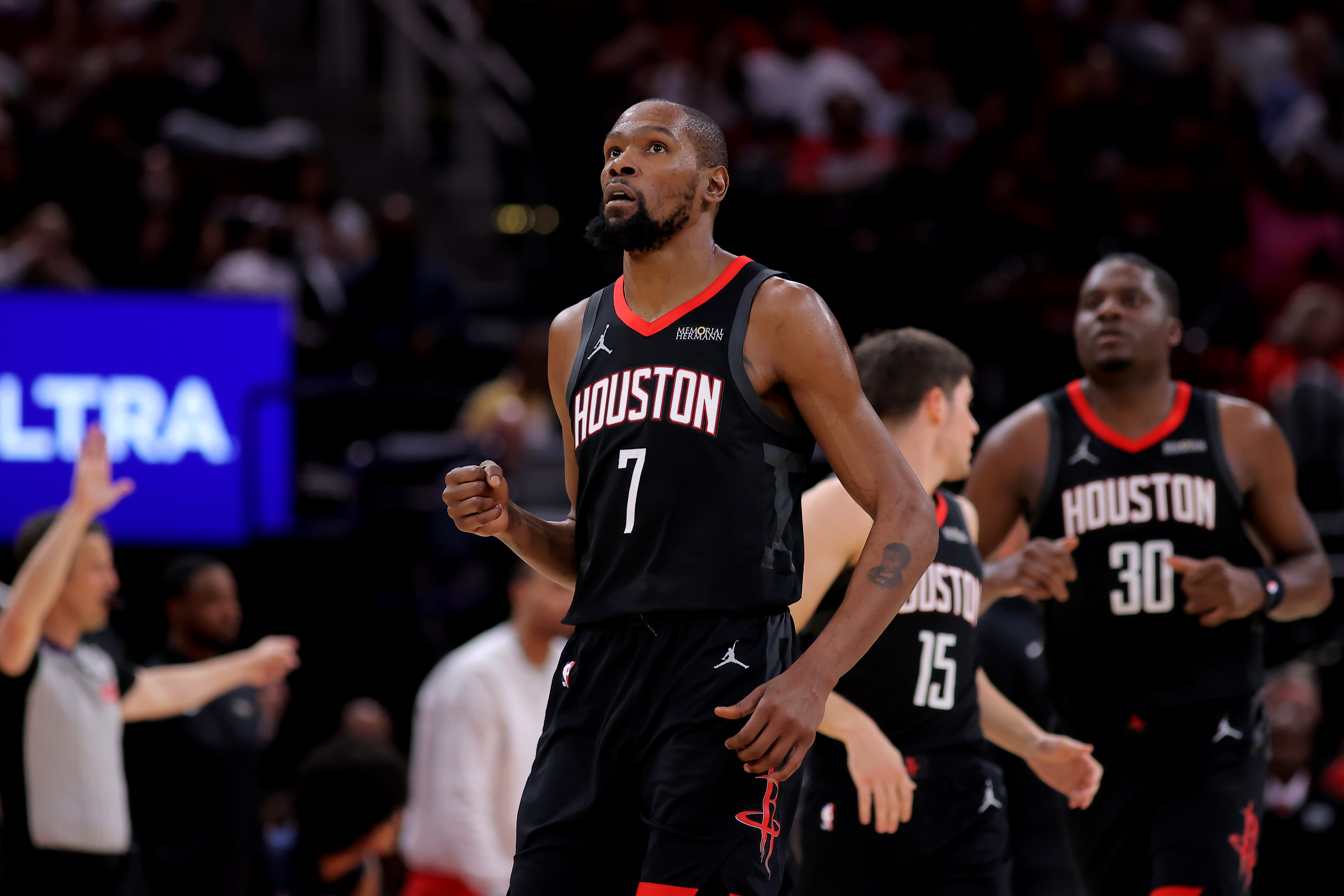 Houston Rockets forward Kevin Durant (7) reacts as we break down our NBA Play of the Day.