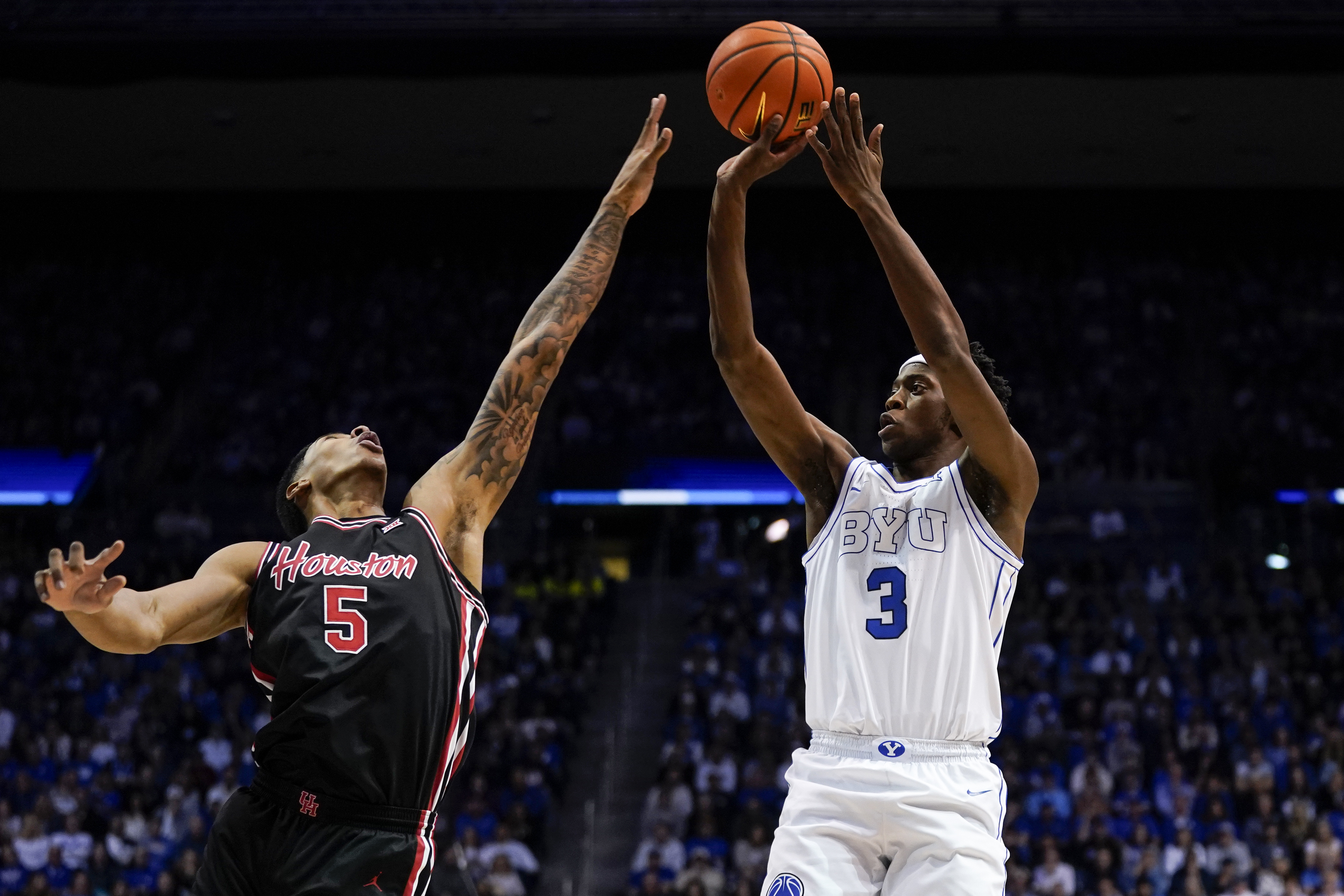 BYU's AJ Dybantsa (3) is the focus of our college basketball predictions and best bets tonight.