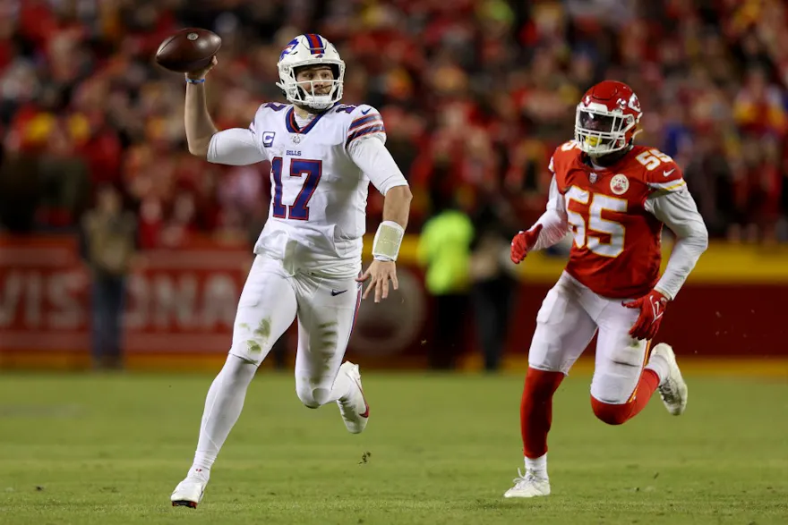 Josh Allen of the Buffalo Bills looks to throw a pass against the Kansas City Chiefs, and we offer our top Josh Allen player props based on the best NFL odds.