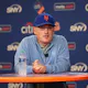 New York Mets majority owner Steve Cohen addresses the media before a baseball game against the Milwaukee Brewers.