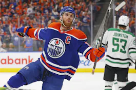 Edmonton Oilers forward Connor McDavid celebrates after scoring a goal as we look at the best 2024 Conn Smythe Trophy odds.