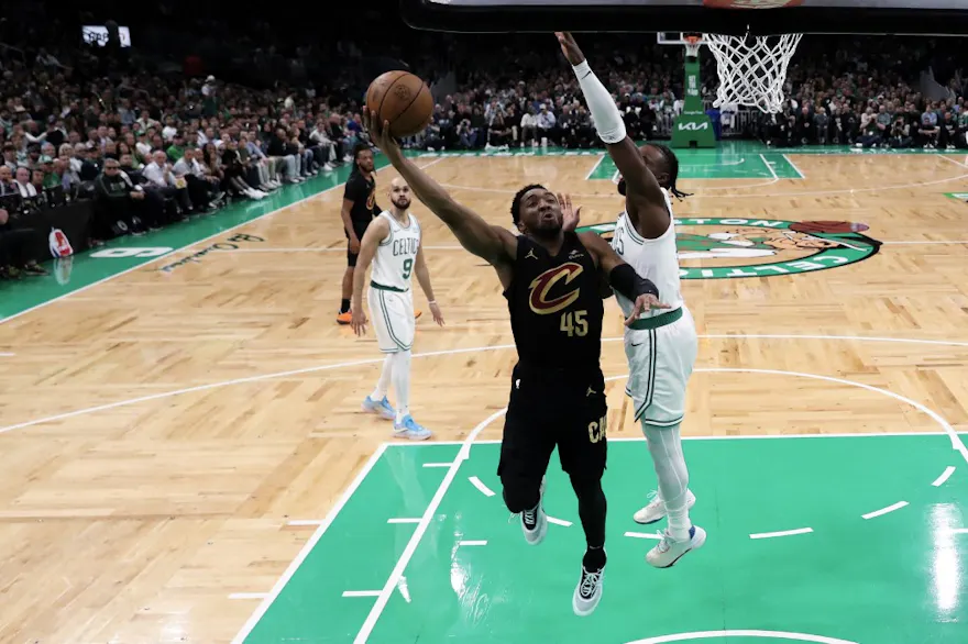 Donovan Mitchell of the Cleveland Cavaliers shoots the ball as we look at our Celtics vs. Cavaliers player props