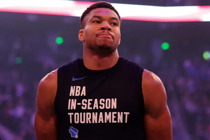 Giannis Antetokounmpo #34 of the Milwaukee Bucks stands for the National Anthem as we look at our Pacers vs. Bucks NBA player props