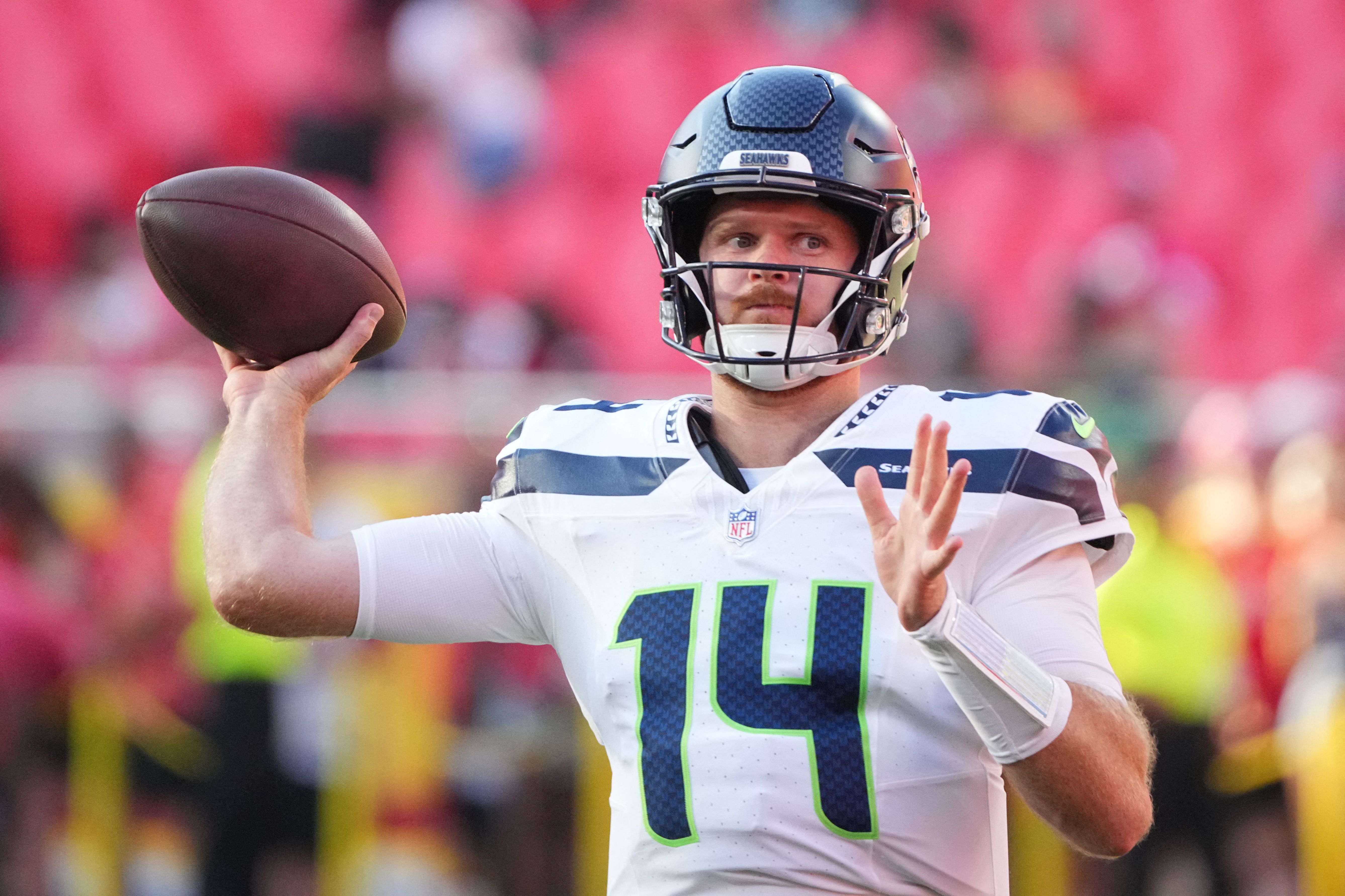 Seattle Seahawks QB Sam Darnold in action as we break down our NFL AI Week 1 predictions. Photo by Denny Medley-Imagn Images.