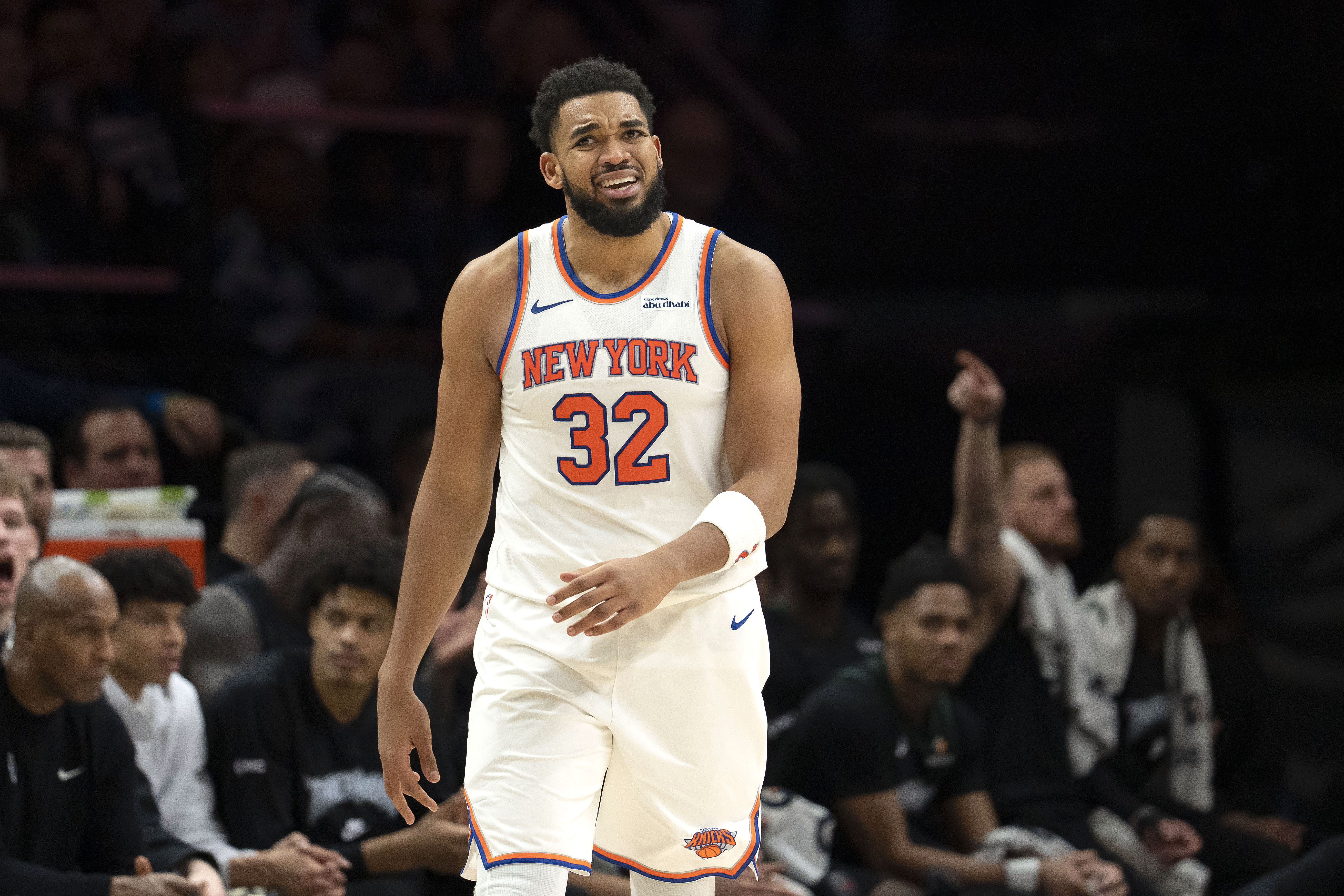 New York Knicks center Karl-Anthony Towns (32), seen here reacting after a foul is called, leads my Cavaliers vs. Knicks player props for Christmas Day.