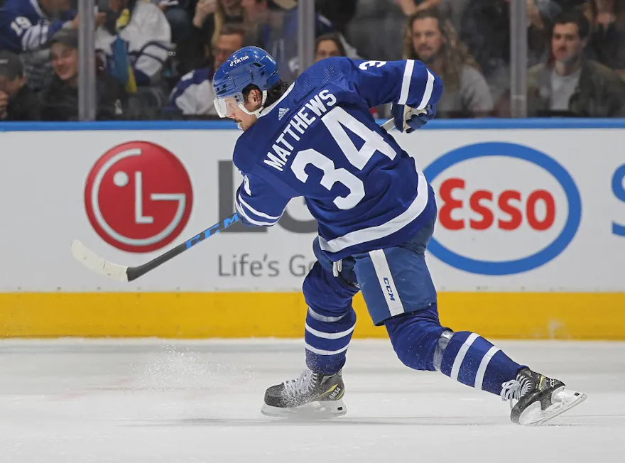 Auston Matthews #34 of the Toronto Maple Leafs drives a shot as we look at the Ontario sports betting iGaming financials for Q3 2023.