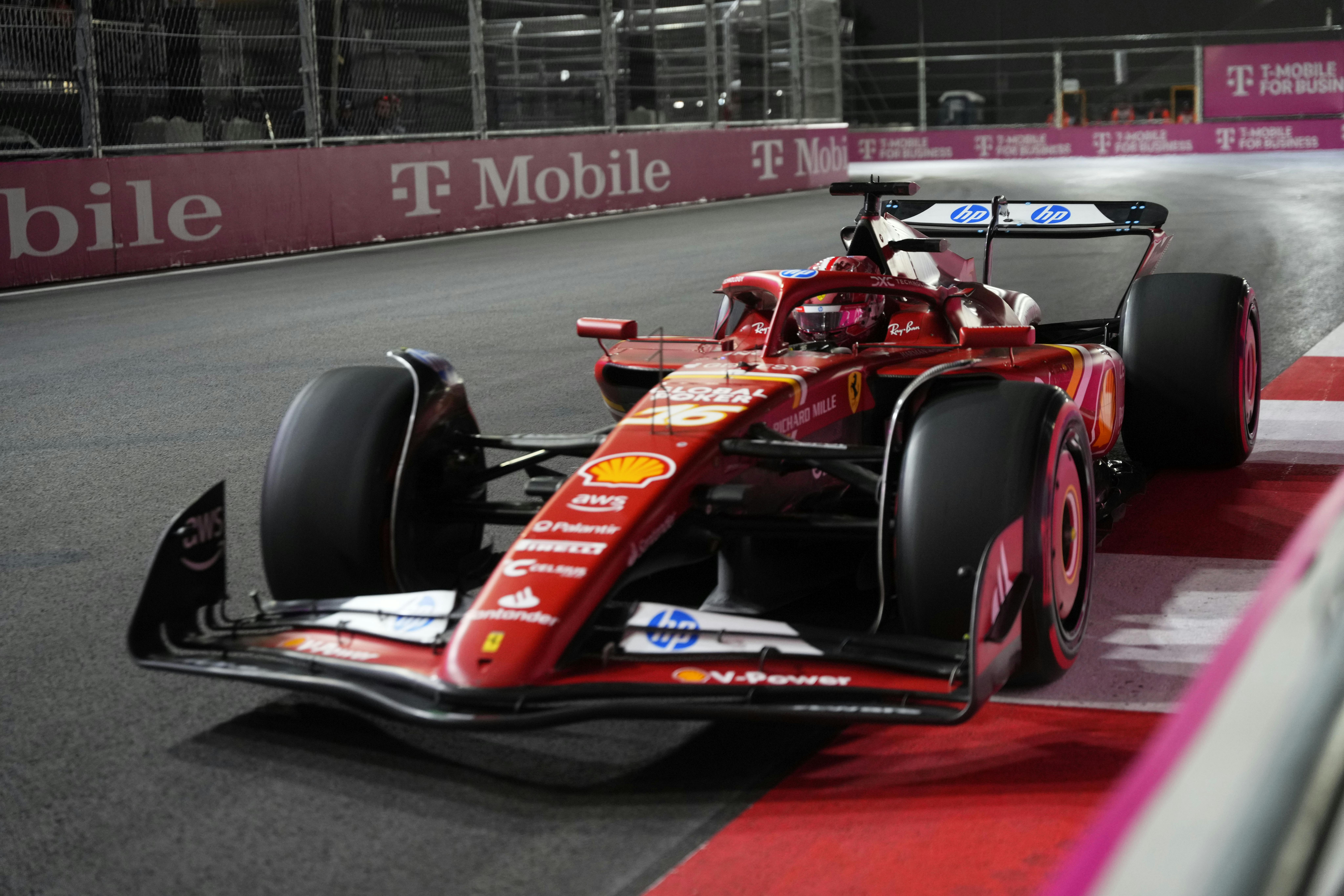 Scuderia Ferrari driver Charles Leclerc of Monaco (16) drives during qualifiers for the Formula 1 Heineken Silver Las Vegas Grand Prix 2024 at the Las Vegas Circuit. Photo by Lucas Peltier / Imagn Images.