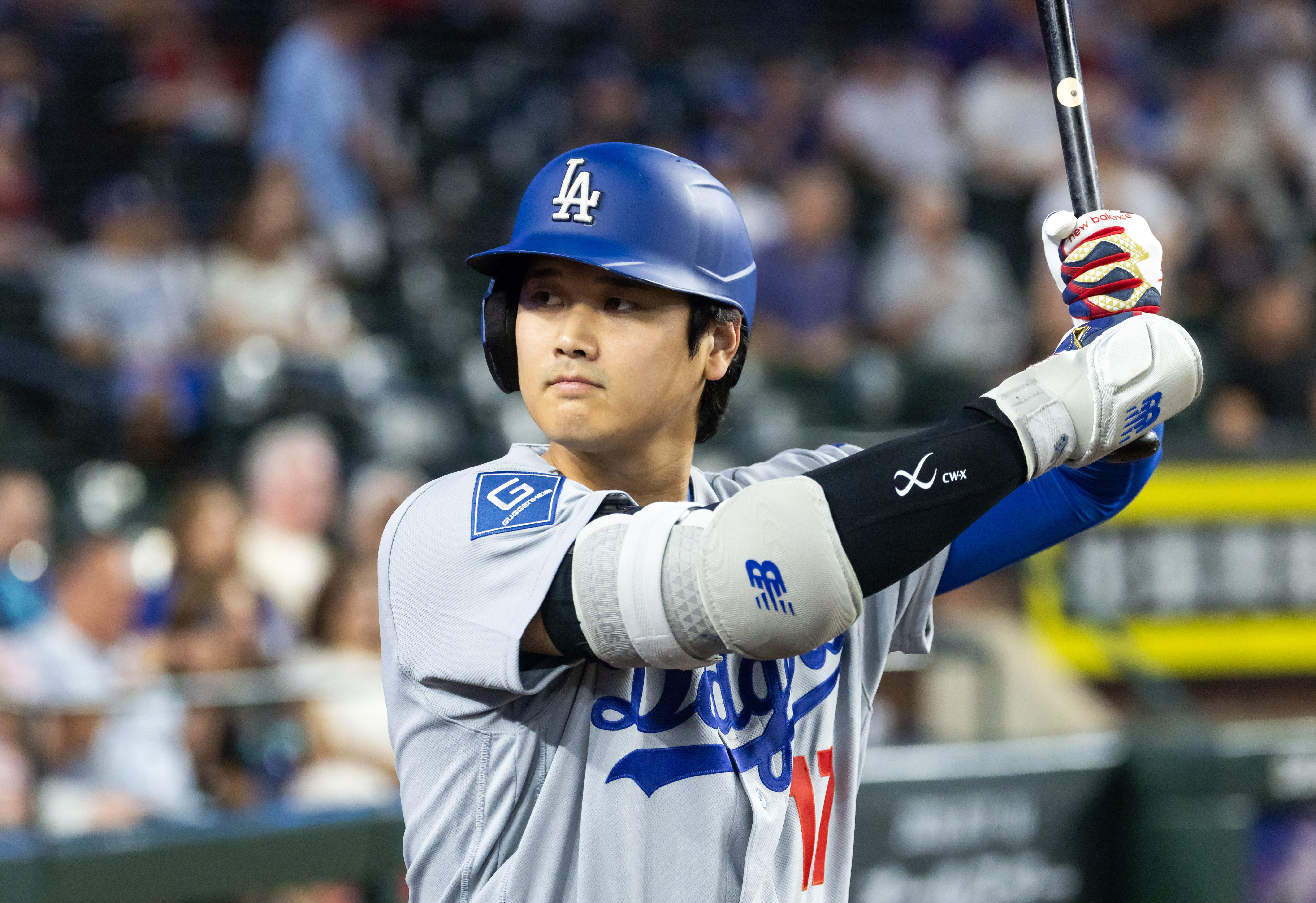 Los Angeles Dodgers designated hitter Shohei Ohtani (17) looks on as we break down our home run predictions today.