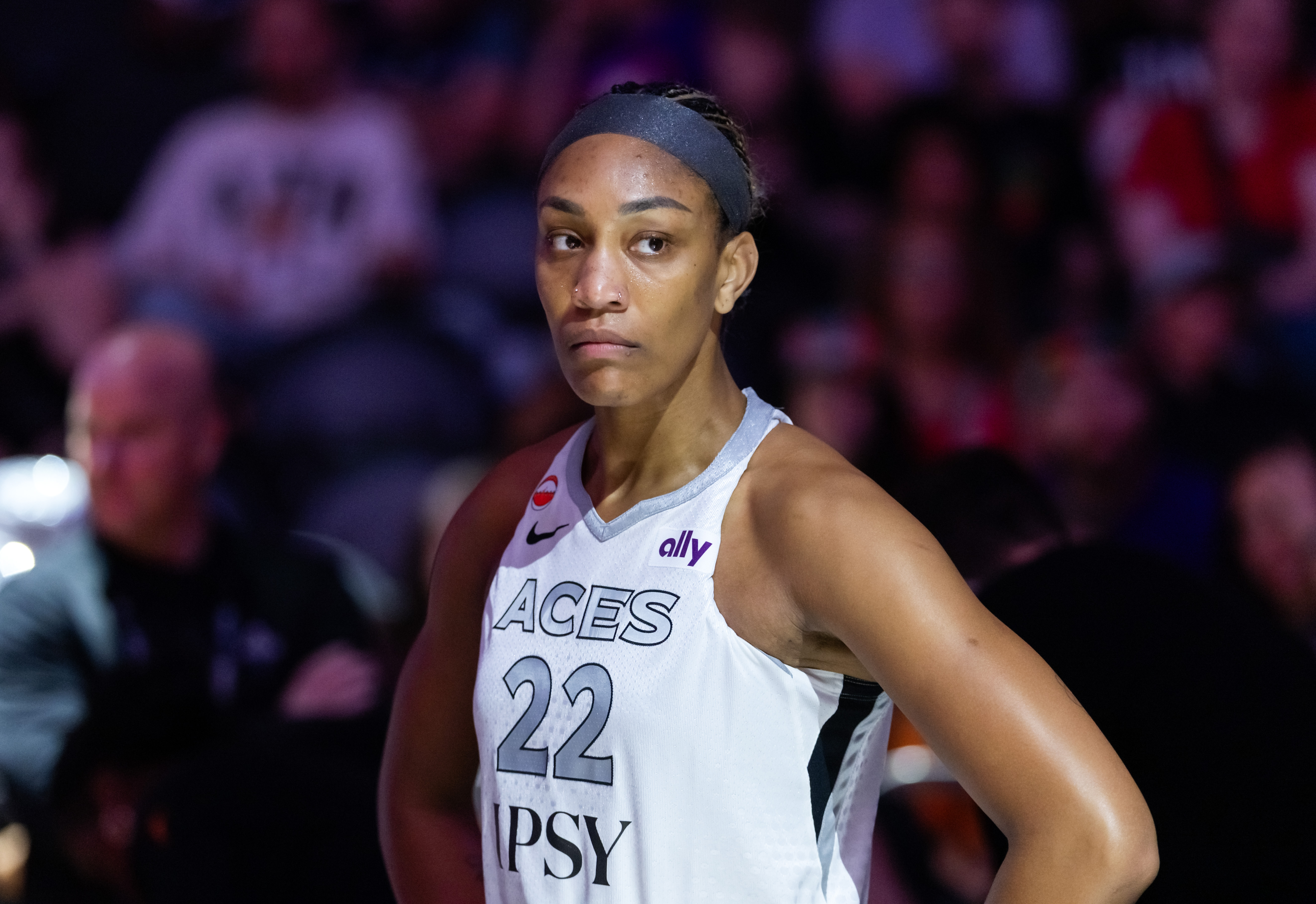 Las Vegas Aces center A'ja Wilson (22) looks on as we break down our Aces vs. Sky prediction.