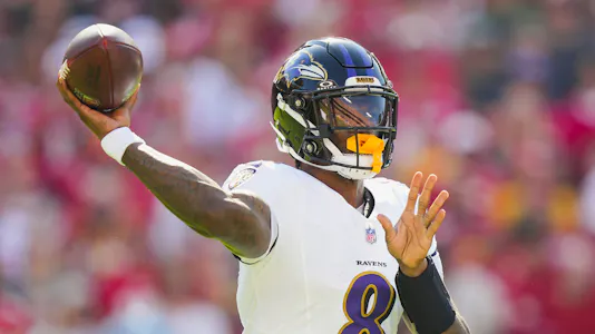 Lamar Jackson, featured in the Ravens vs. Dolphins Prediction, throws a pass against the Kansas City Chiefs. Photo by Jay Biggerstaff via Imagn Images