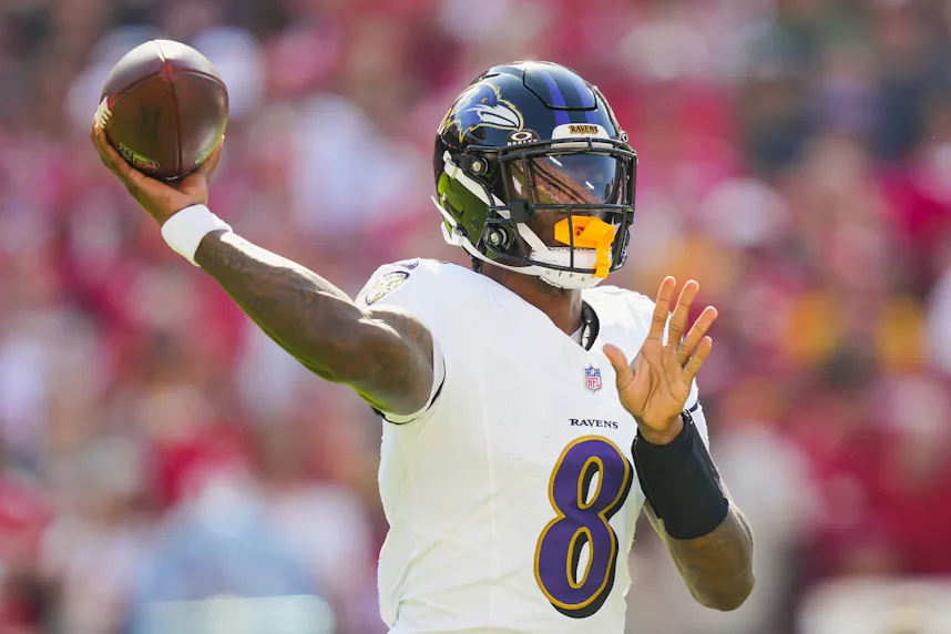 Lamar Jackson, featured in the Ravens vs. Dolphins Prediction, throws a pass against the Kansas City Chiefs. Photo by Jay Biggerstaff via Imagn Images