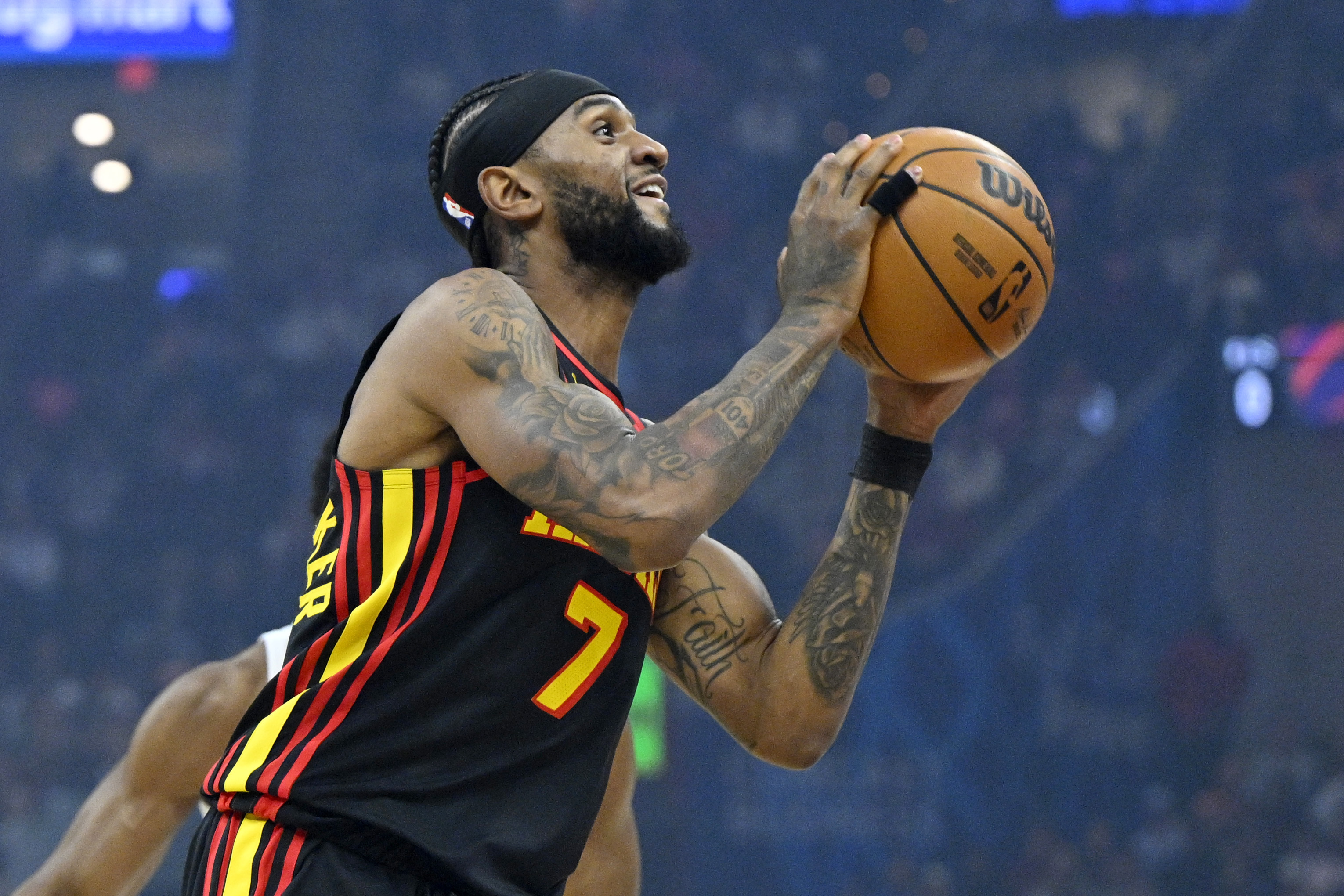 Atlanta Hawks guard Nickeil Alexander-Walker - who's featured in my Cavaliers vs. Hawks player props - looks to the basket. 