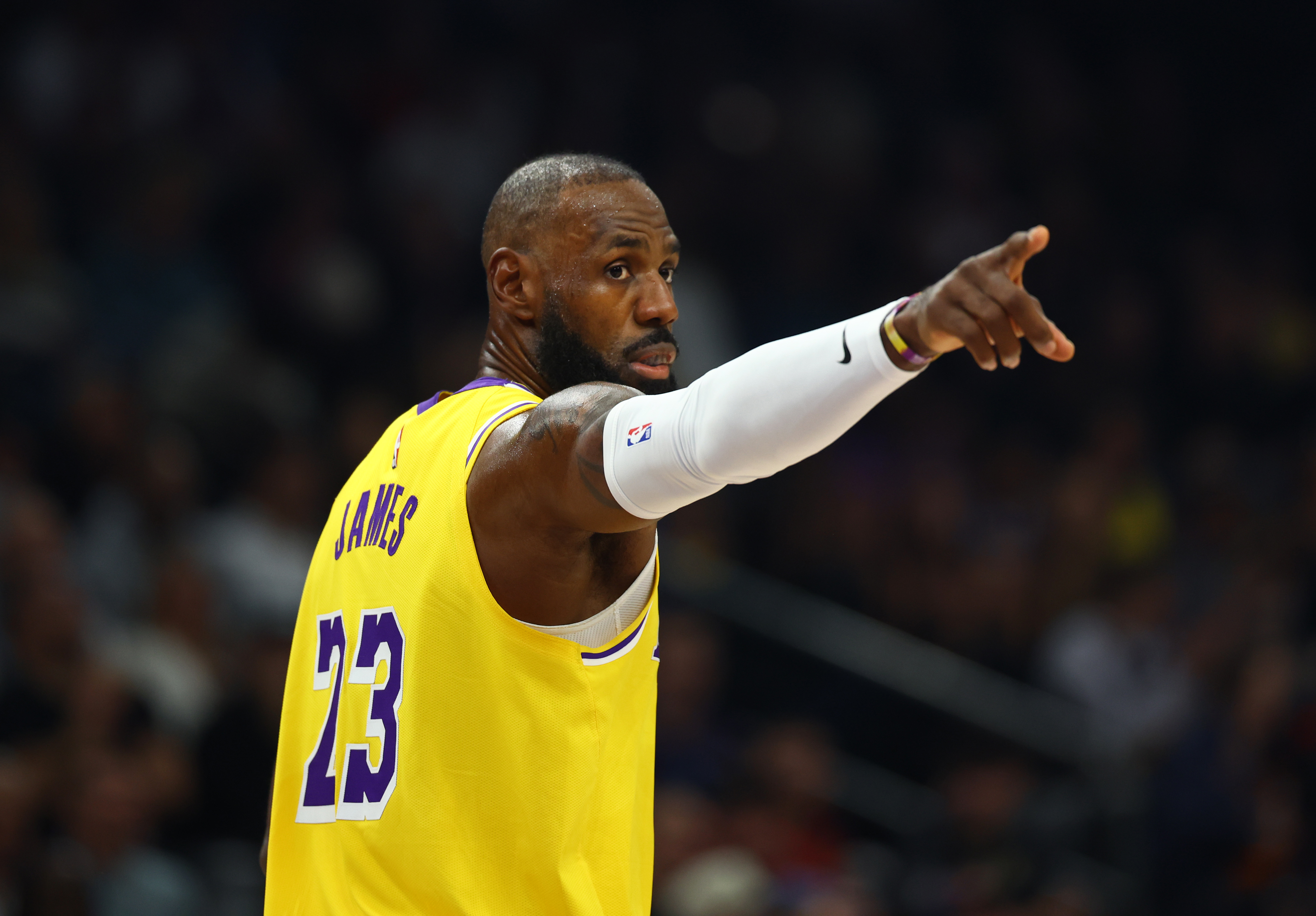 Los Angeles Lakers forward LeBron James (23), seen here reacting, is the focus of our LeBron James player prop picks for NBA Christmas Day.