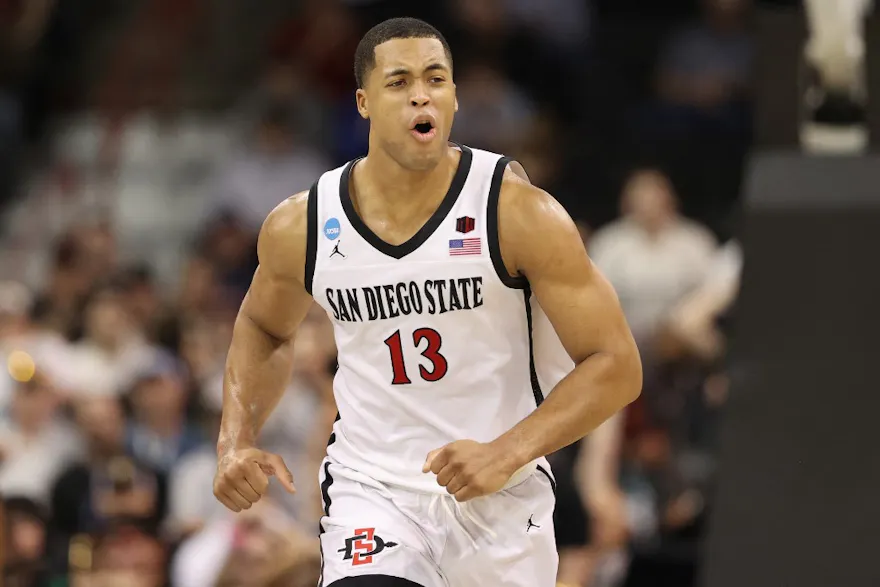 Jaedon LeDee of the San Diego State Aztecs reacts during the second half against the UAB Blazers in the first round of the NCAA Men's Basketball Tournament as we look at our Yale-San Diego State prediction.