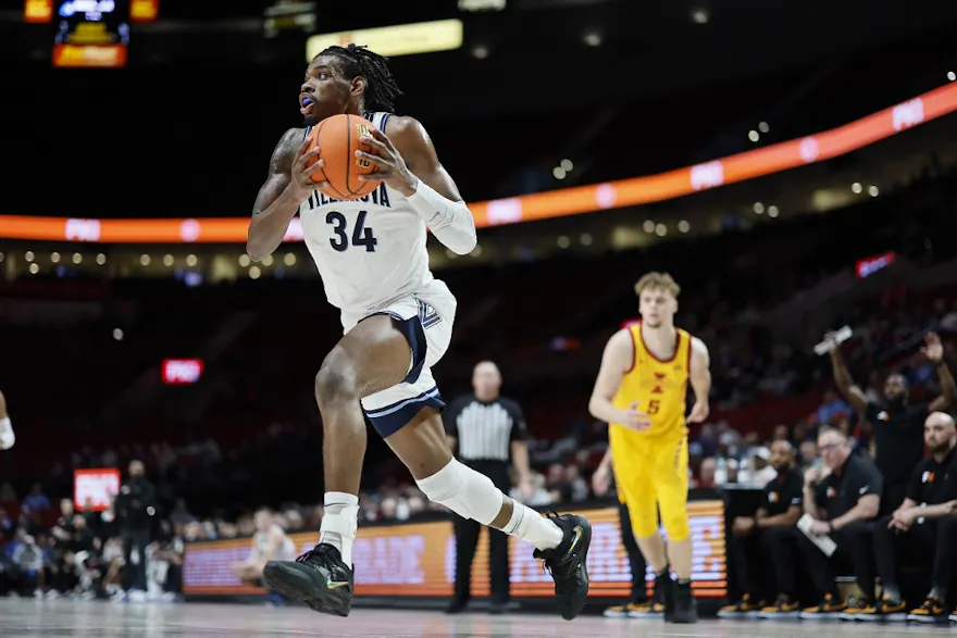 Brandon Slater of the Villanova Wildcats drives to the basket during the first half against the Iowa State Cyclones at Moda Center on November 24, 2022 in Portland, Oregon.